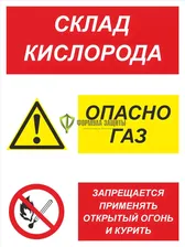 Знак «Склад кислорода. Опасно газ - запрещается применять открытый огонь и курить» (пленка)